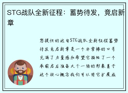 STG战队全新征程：蓄势待发，竞启新章